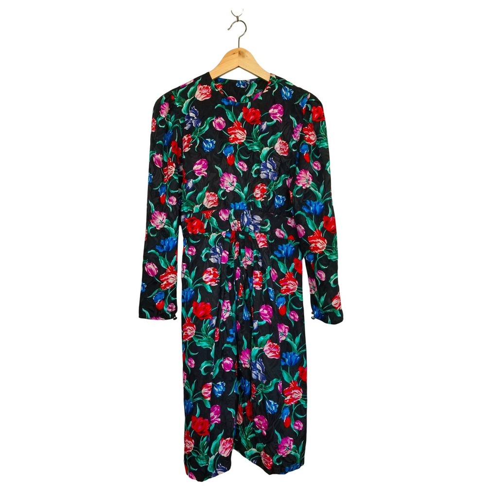 VTG Maggy London Jeannene Booher 100% Silk Floral Dress Black Red Blue Tulip 12